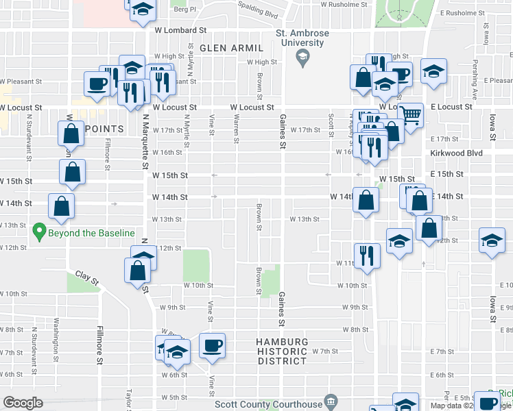 map of restaurants, bars, coffee shops, grocery stores, and more near 1320 Brown Street in Davenport