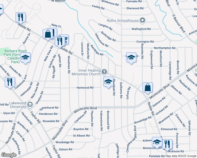 map of restaurants, bars, coffee shops, grocery stores, and more near 985 Rushleigh Road in Cleveland Heights