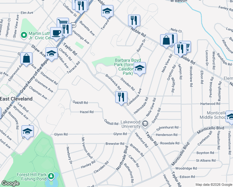 map of restaurants, bars, coffee shops, grocery stores, and more near 2090 North Taylor Road in Cleveland Heights