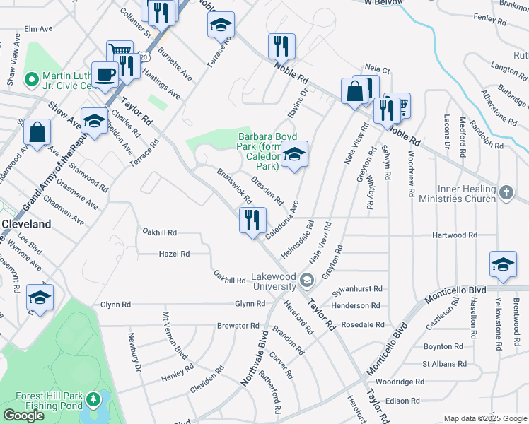 map of restaurants, bars, coffee shops, grocery stores, and more near 973 Brunswick Road in Cleveland Heights