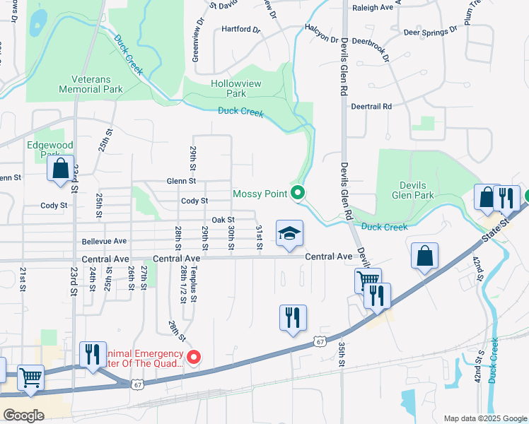 map of restaurants, bars, coffee shops, grocery stores, and more near 3044 Oak Street in Bettendorf