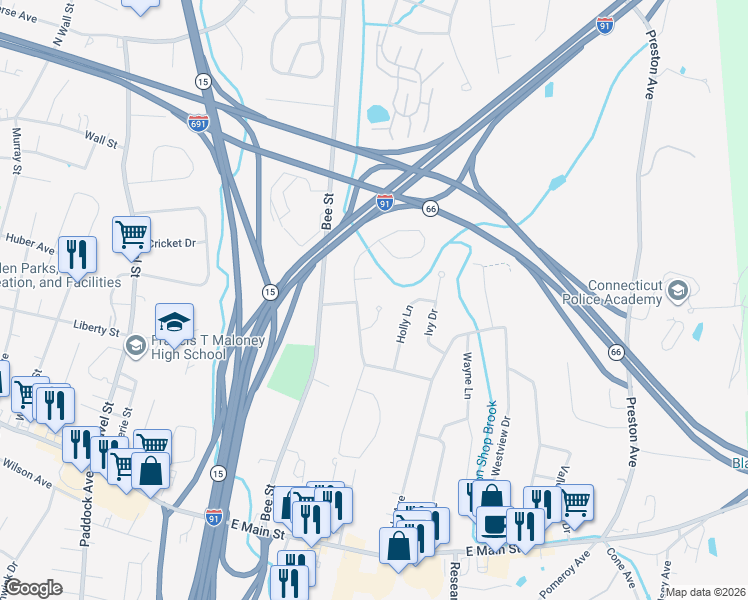 map of restaurants, bars, coffee shops, grocery stores, and more near 40 Meadow Way in Meriden
