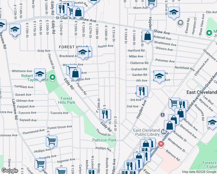 map of restaurants, bars, coffee shops, grocery stores, and more near 875 East 130th Street in Cleveland