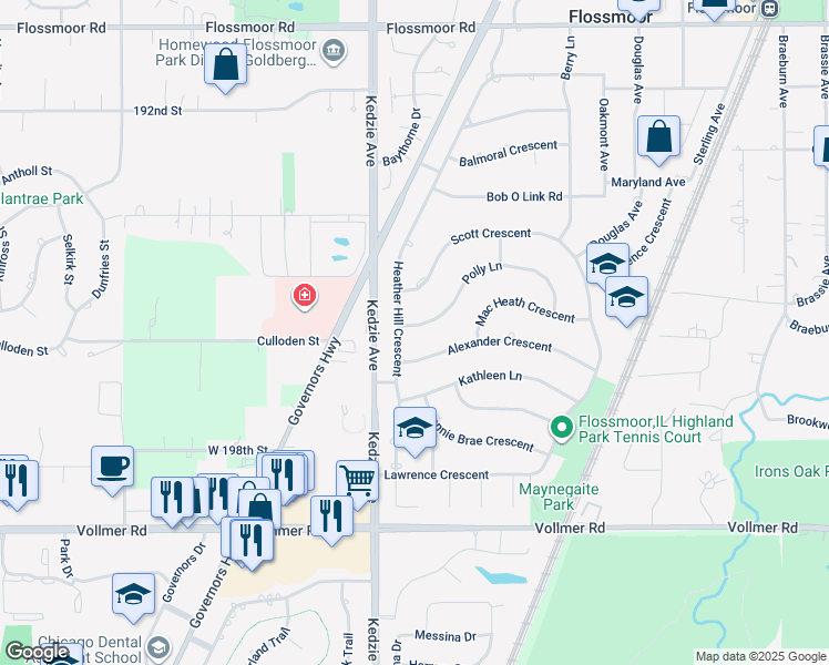 map of restaurants, bars, coffee shops, grocery stores, and more near 3118 Polly Ln in Flossmoor