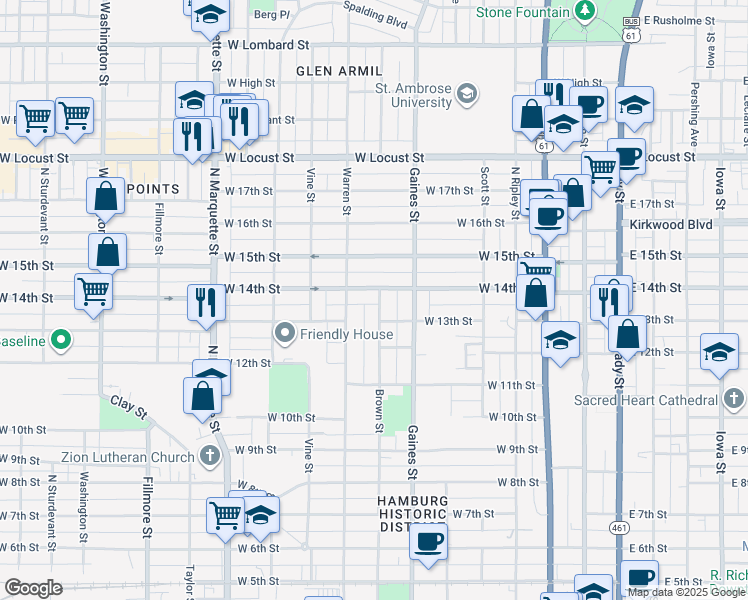 map of restaurants, bars, coffee shops, grocery stores, and more near 1314 Brown Street in Davenport