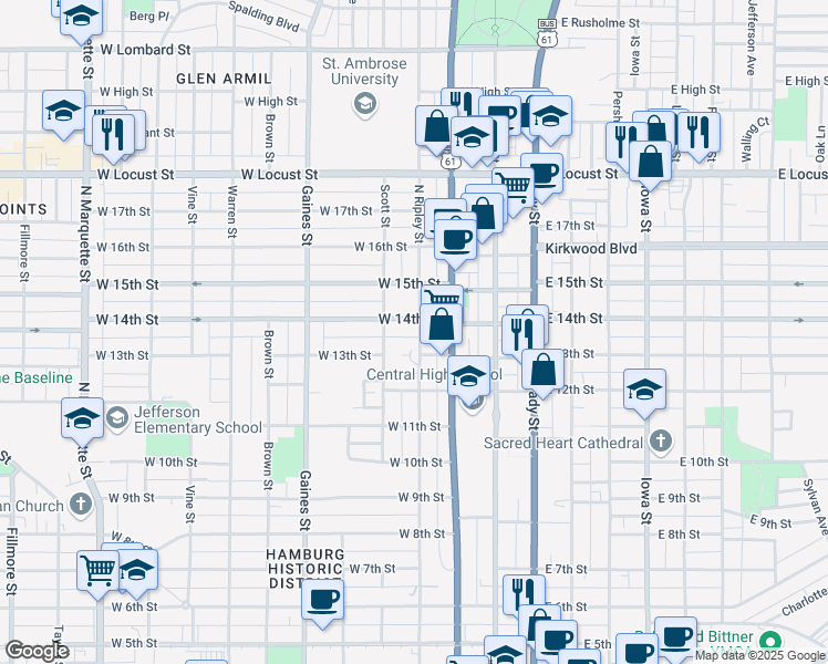 map of restaurants, bars, coffee shops, grocery stores, and more near 1322 North Ripley Street in Davenport