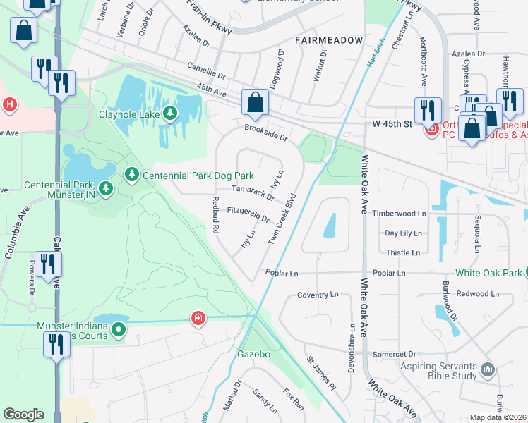 map of restaurants, bars, coffee shops, grocery stores, and more near 1329 Fitzgerald Drive in Munster
