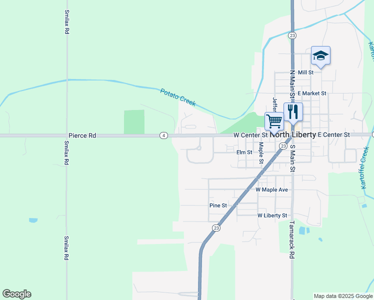 map of restaurants, bars, coffee shops, grocery stores, and more near 232 S William St in North Liberty