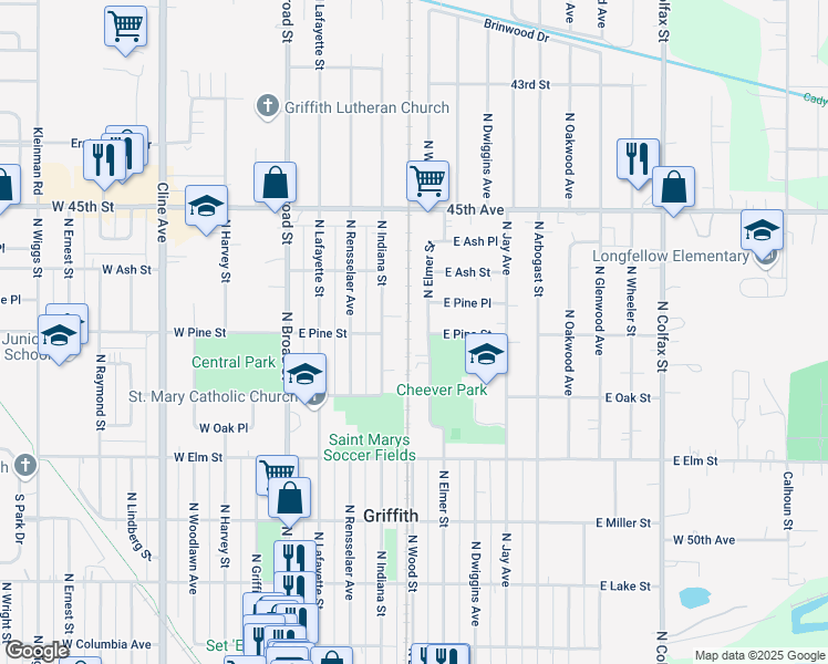 map of restaurants, bars, coffee shops, grocery stores, and more near 700 North Elmer Street in Griffith