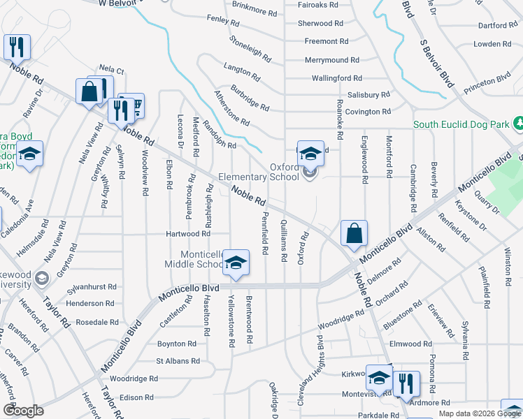 map of restaurants, bars, coffee shops, grocery stores, and more near 2452 Noble Road in Cleveland Heights