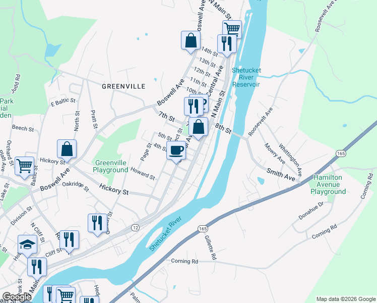 map of restaurants, bars, coffee shops, grocery stores, and more near 431 North Main Street in Norwich