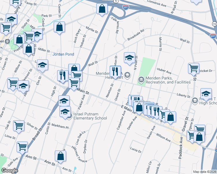 map of restaurants, bars, coffee shops, grocery stores, and more near 47 Newton Street in Meriden