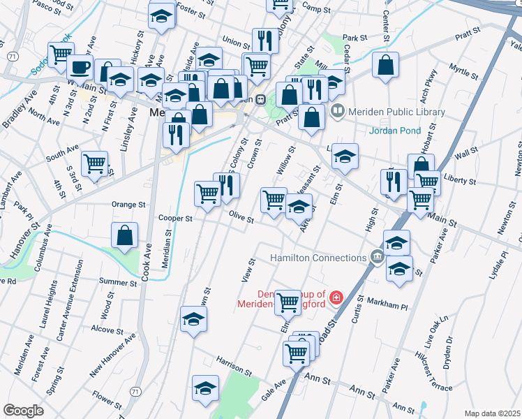 map of restaurants, bars, coffee shops, grocery stores, and more near 132 Willow Street in Meriden
