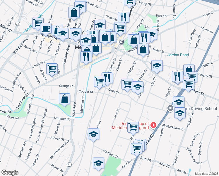 map of restaurants, bars, coffee shops, grocery stores, and more near 30 Olive Street in Meriden