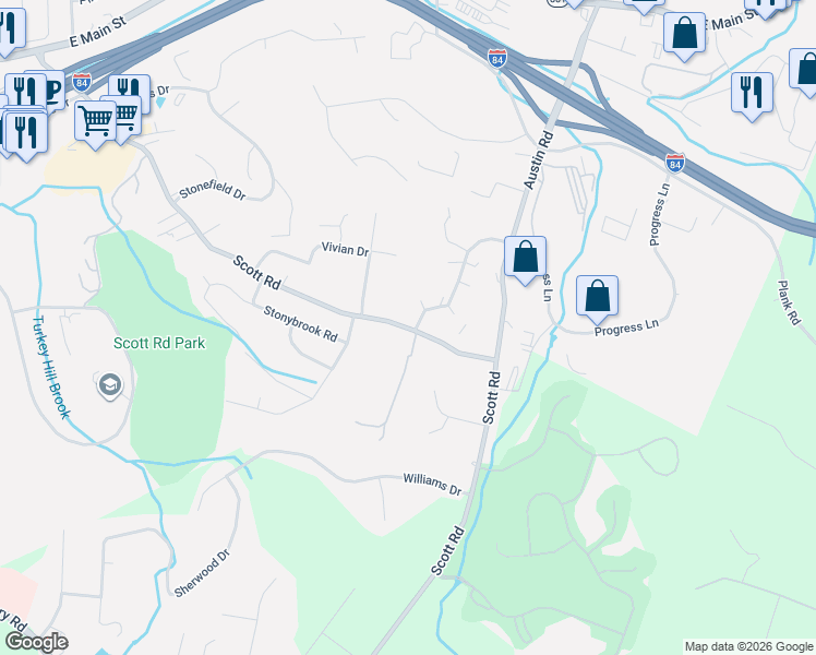 map of restaurants, bars, coffee shops, grocery stores, and more near 552 Scott Road in Waterbury