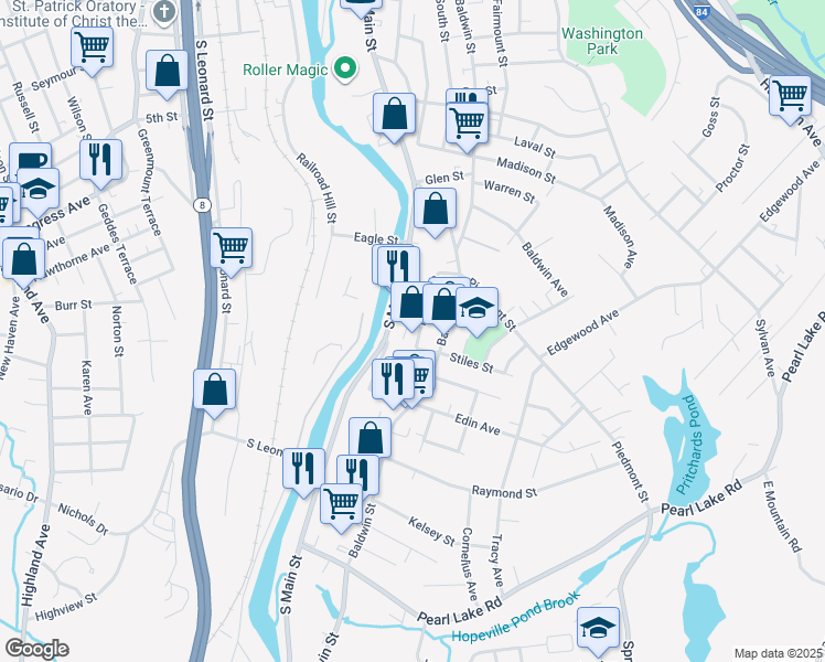 map of restaurants, bars, coffee shops, grocery stores, and more near 1637 South Main Street in Waterbury