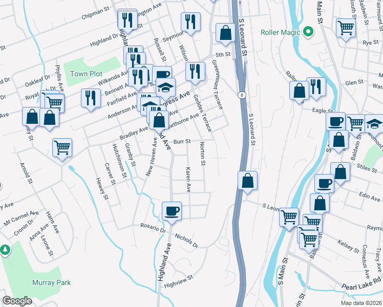 map of restaurants, bars, coffee shops, grocery stores, and more near 47 Karen Avenue in Waterbury