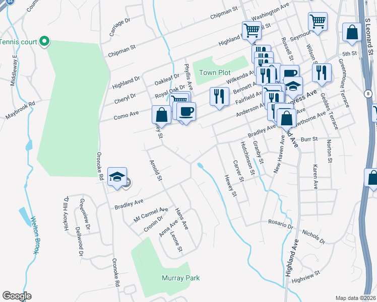 map of restaurants, bars, coffee shops, grocery stores, and more near 28 Wesley Street in Waterbury