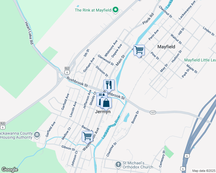 map of restaurants, bars, coffee shops, grocery stores, and more near 717 Washington Avenue in Jermyn