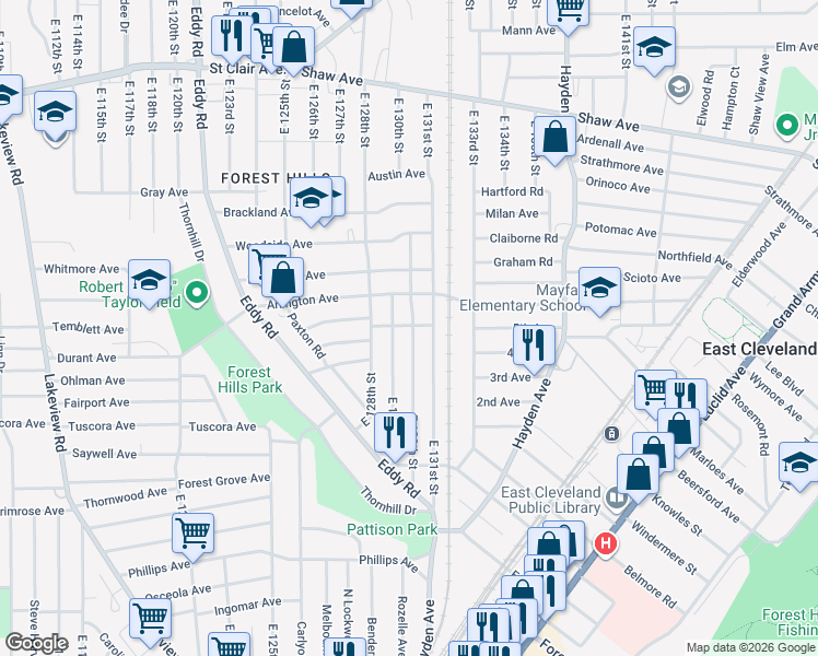 map of restaurants, bars, coffee shops, grocery stores, and more near 875 East 130th Street in Cleveland