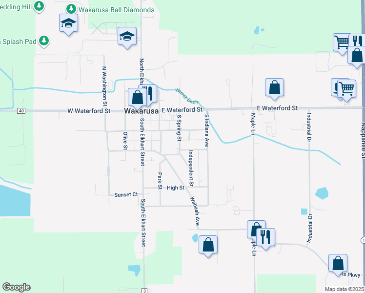 map of restaurants, bars, coffee shops, grocery stores, and more near 300 South Spring Street in Wakarusa