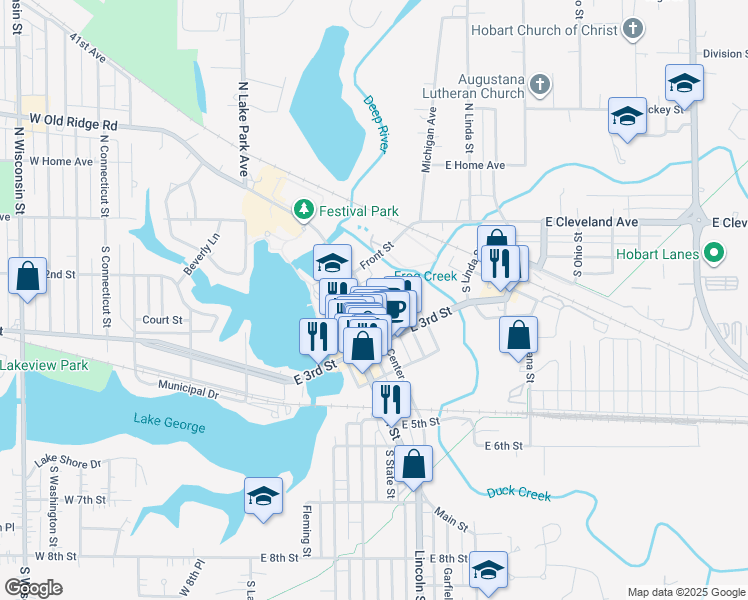 map of restaurants, bars, coffee shops, grocery stores, and more near 621 East 2nd Street in Hobart
