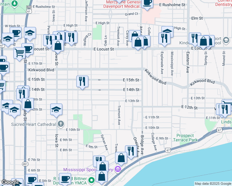 map of restaurants, bars, coffee shops, grocery stores, and more near 1007 East 14th Street in Davenport
