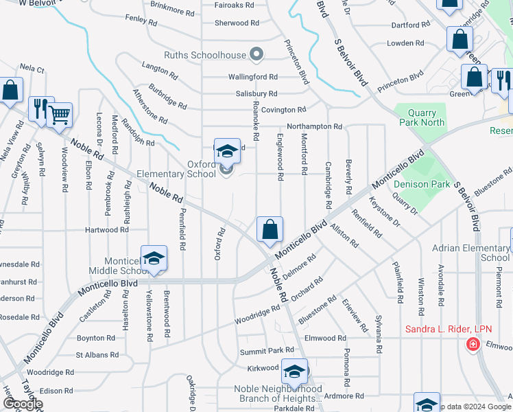 map of restaurants, bars, coffee shops, grocery stores, and more near 972 Roanoke Road in Cleveland Heights