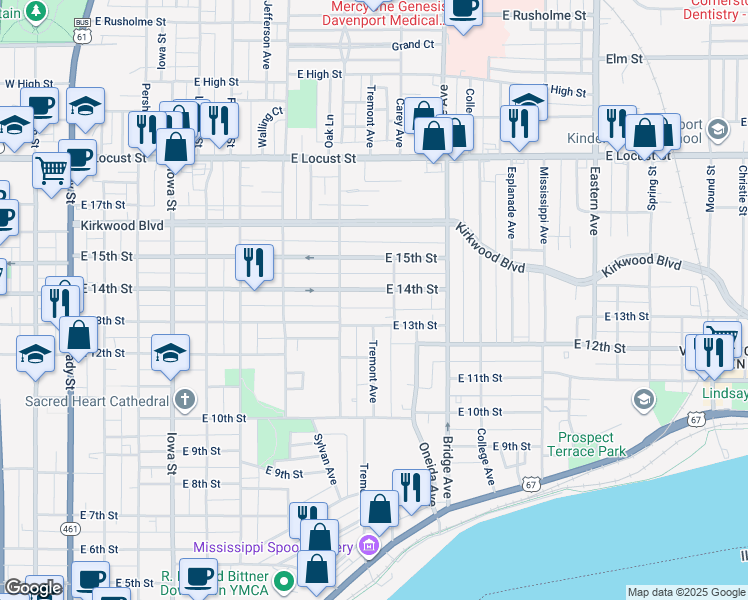 map of restaurants, bars, coffee shops, grocery stores, and more near 1007 East 14th Street in Davenport