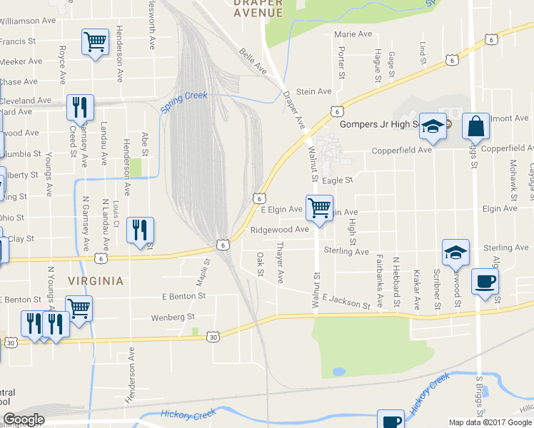 map of restaurants, bars, coffee shops, grocery stores, and more near 1012 Elgin Avenue in Joliet