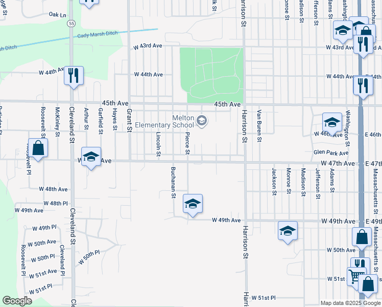 map of restaurants, bars, coffee shops, grocery stores, and more near 4665 Pierce Street in Gary