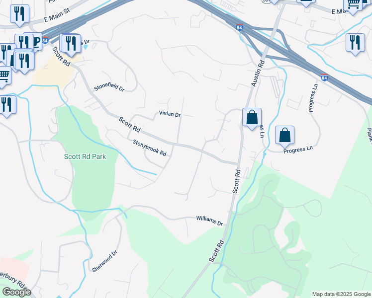 map of restaurants, bars, coffee shops, grocery stores, and more near 506 Scott Road in Waterbury