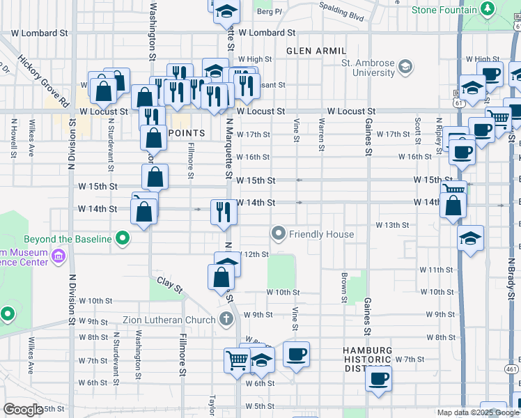 map of restaurants, bars, coffee shops, grocery stores, and more near 1111 West 14th Street in Davenport