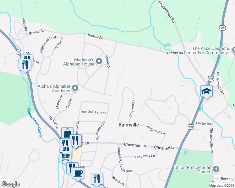 map of restaurants, bars, coffee shops, grocery stores, and more near 12 Greenwood Drive in Newburgh