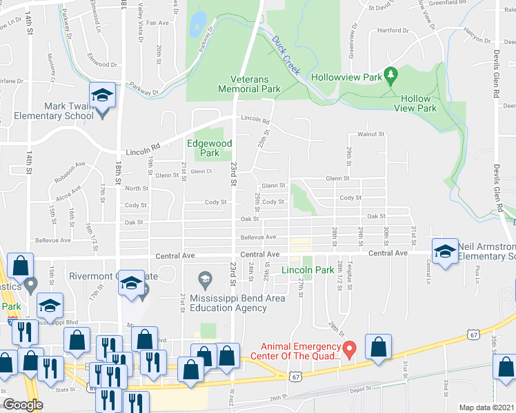 map of restaurants, bars, coffee shops, grocery stores, and more near 25th Street in Bettendorf