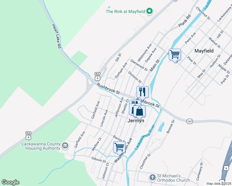 map of restaurants, bars, coffee shops, grocery stores, and more near 303 Rushbrook Street in Jermyn