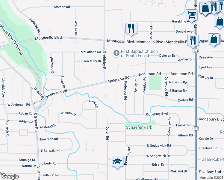 map of restaurants, bars, coffee shops, grocery stores, and more near 4753 Fay Drive in South Euclid