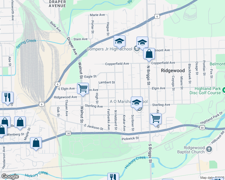 map of restaurants, bars, coffee shops, grocery stores, and more near 1356 Elgin Ave in Joliet
