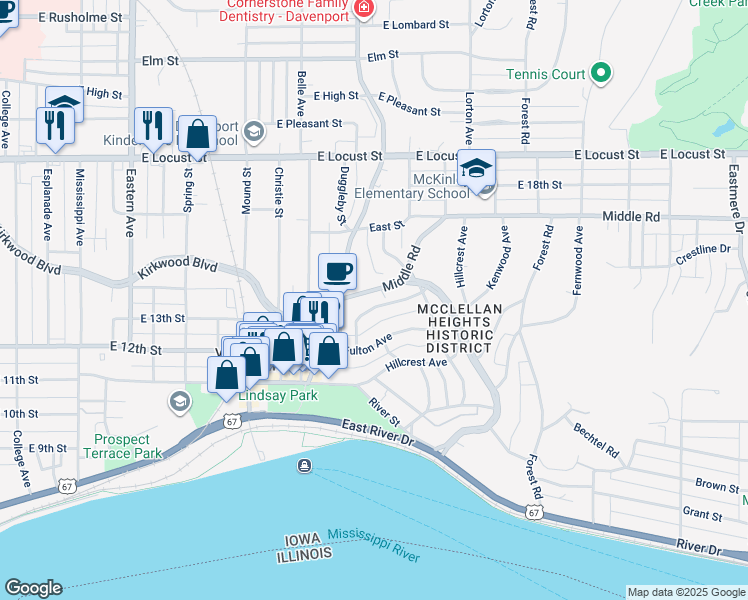 map of restaurants, bars, coffee shops, grocery stores, and more near 2419 Middle Road in Davenport