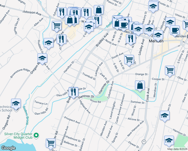 map of restaurants, bars, coffee shops, grocery stores, and more near 135 Lambert Avenue in Meriden