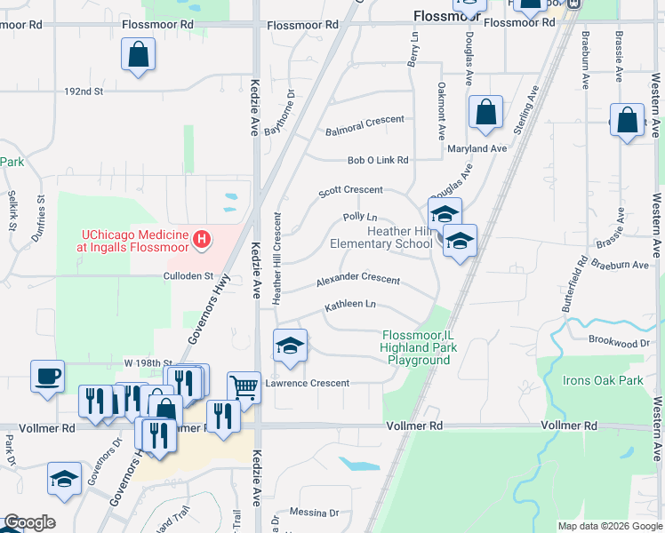 map of restaurants, bars, coffee shops, grocery stores, and more near 3025 Alexander Crescent in Flossmoor