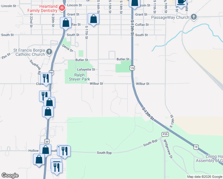 map of restaurants, bars, coffee shops, grocery stores, and more near 1427 Wilbur Street in Blair