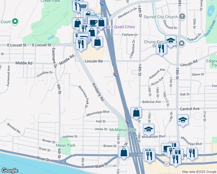 map of restaurants, bars, coffee shops, grocery stores, and more near 1117 Highland Park Drive in Bettendorf