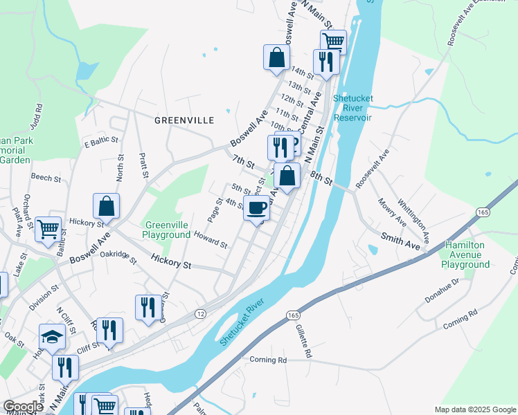 map of restaurants, bars, coffee shops, grocery stores, and more near 143 Prospect Street in Norwich