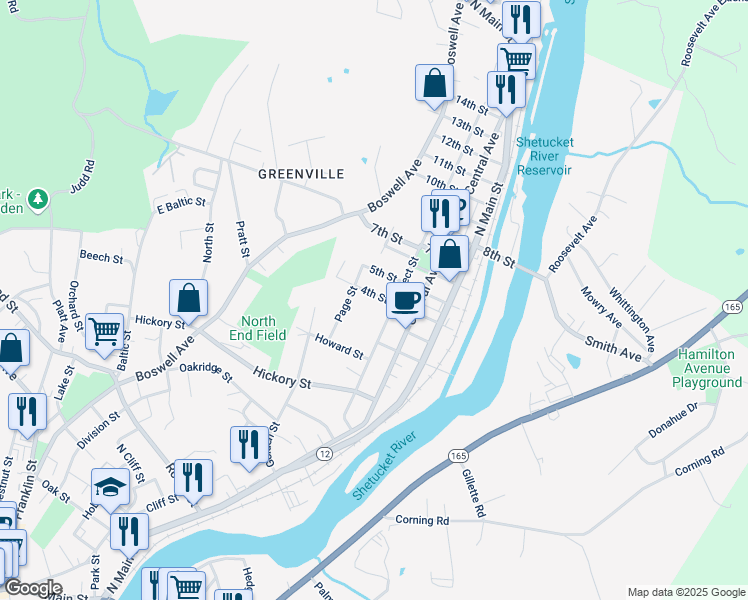 map of restaurants, bars, coffee shops, grocery stores, and more near 130 Prospect Street in Norwich