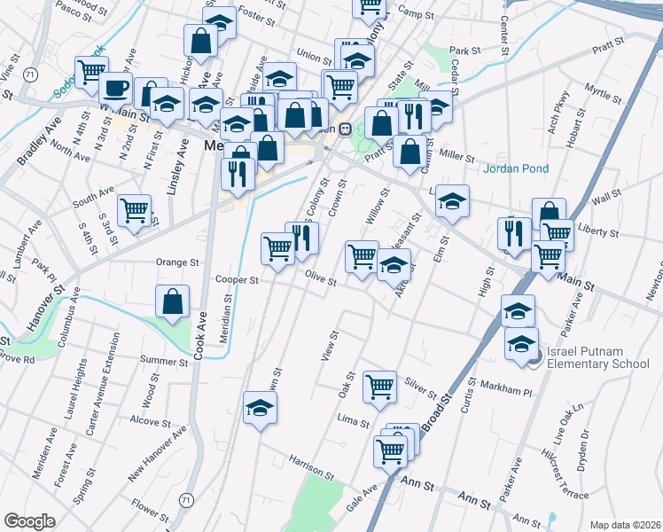 map of restaurants, bars, coffee shops, grocery stores, and more near 30 Olive Street in Meriden