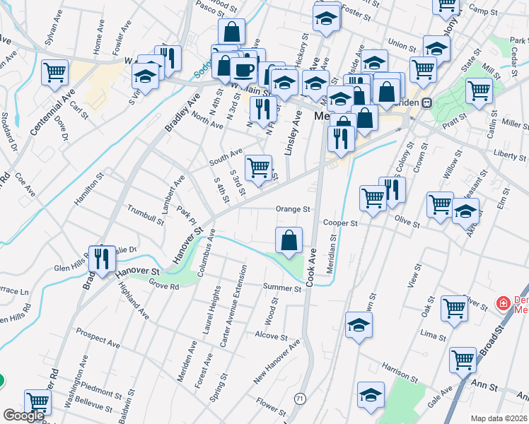 map of restaurants, bars, coffee shops, grocery stores, and more near 12 Carter Avenue in Meriden