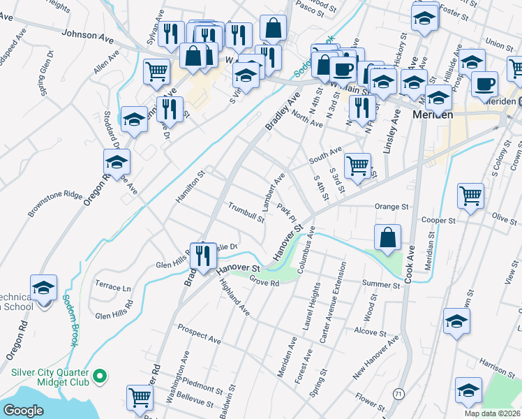 map of restaurants, bars, coffee shops, grocery stores, and more near 135 Lambert Avenue in Meriden