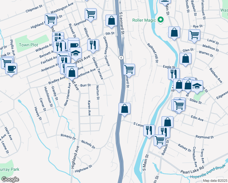 map of restaurants, bars, coffee shops, grocery stores, and more near 2 Hilltop Avenue in Waterbury