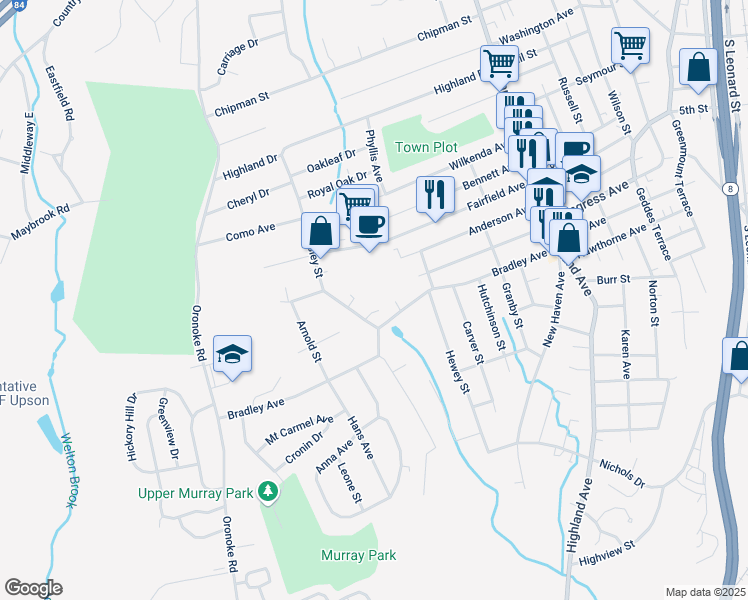 map of restaurants, bars, coffee shops, grocery stores, and more near 28 Wesley Street in Waterbury